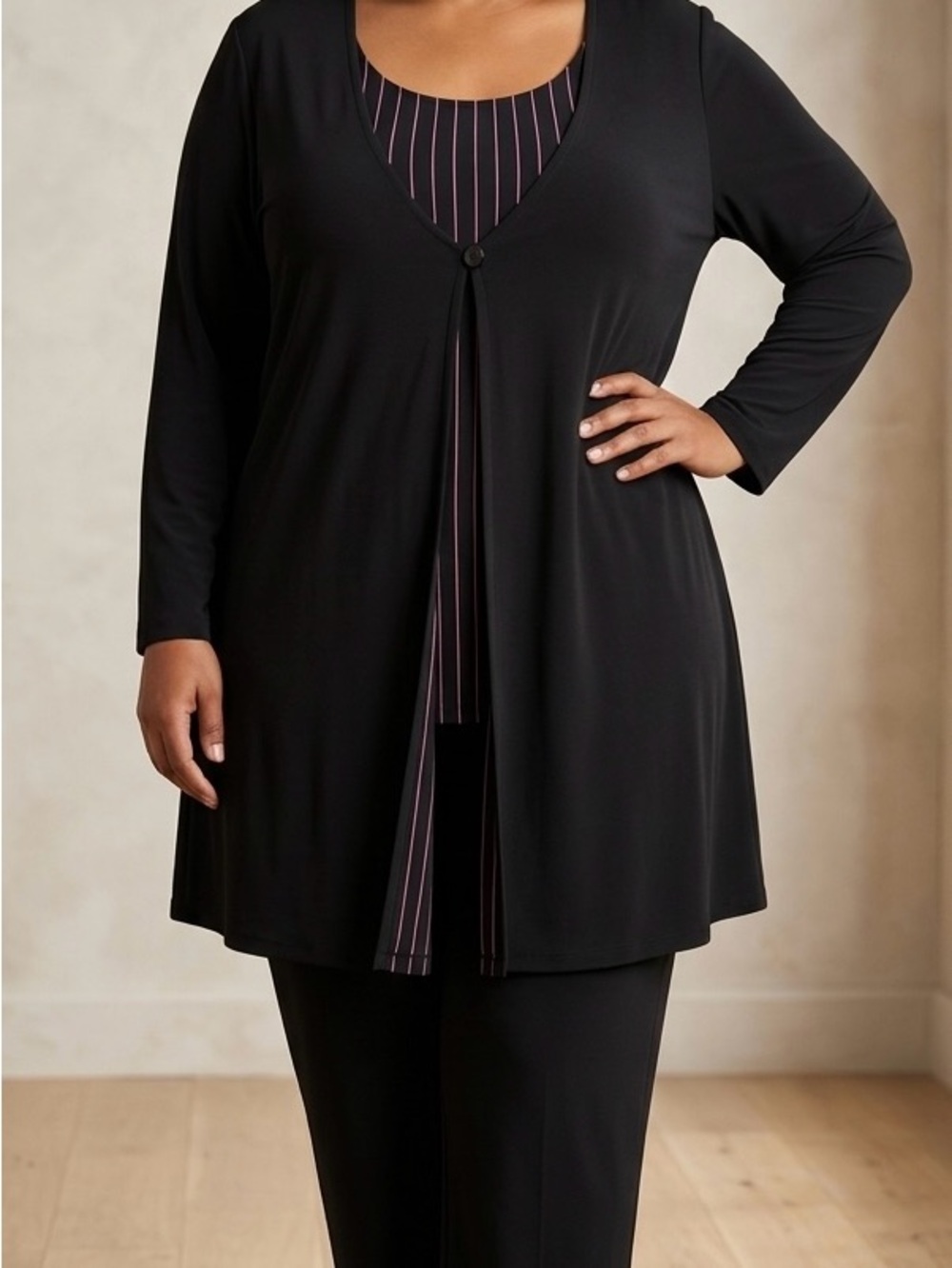 Studio 1940 Plus Size 3X Black Faux Layered Top Jacket Pinstripe Slinky Knit NWT